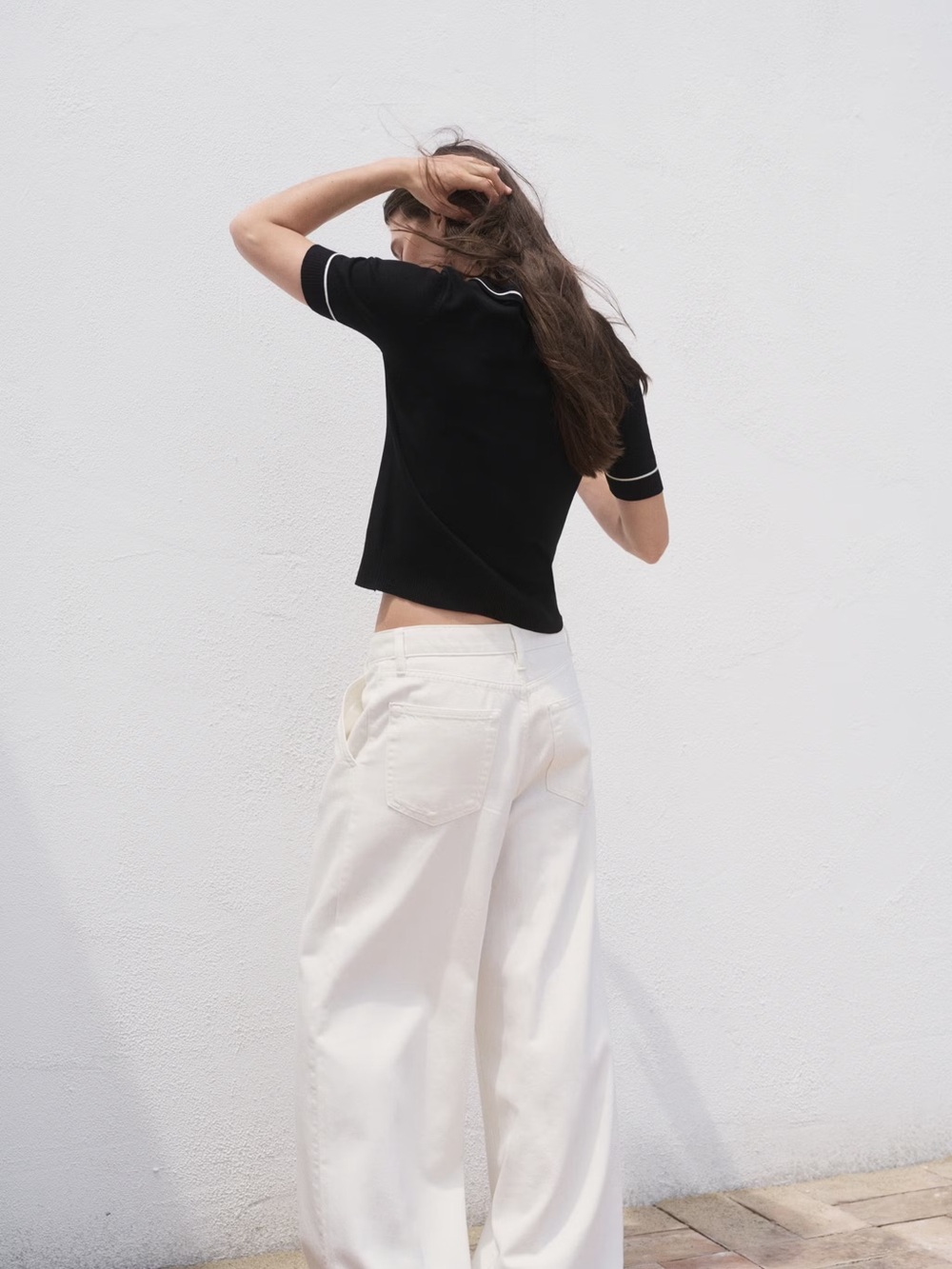 Mango Black Polo Knit Top with White Contrast Piping - Picture 3 of 3